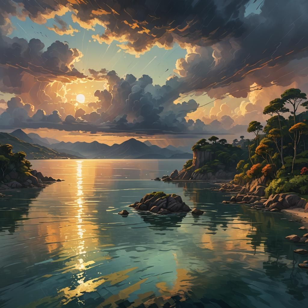 Serene Sunset Bay Thunderstorm in Post-Impressionist Style