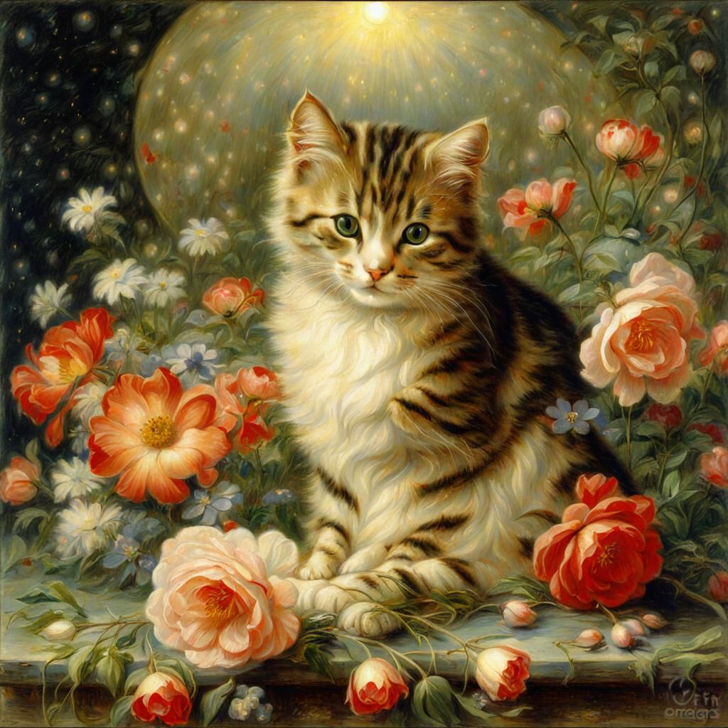 Cute Cat with Flowers in Pre-Raphaelite Style