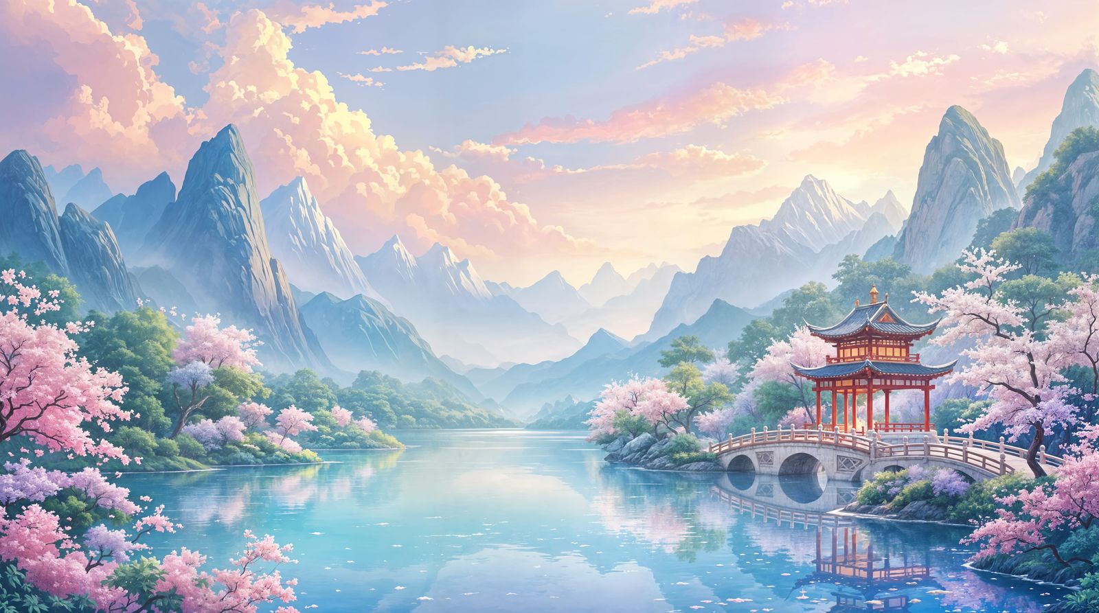 Impressionistic East Asian Landscape with Pastel Mountains a...