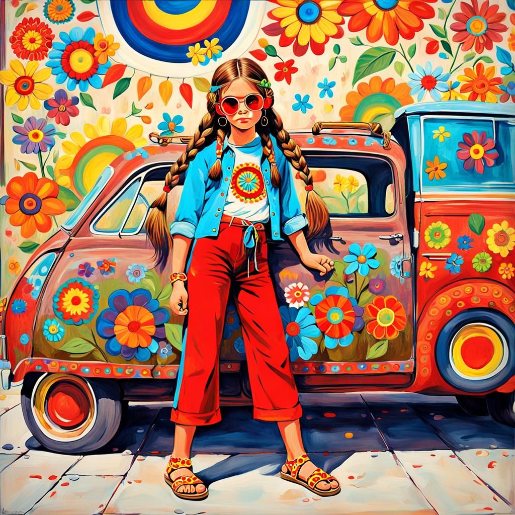 Sixties Hippie Girl Oil Painting in a Meadow