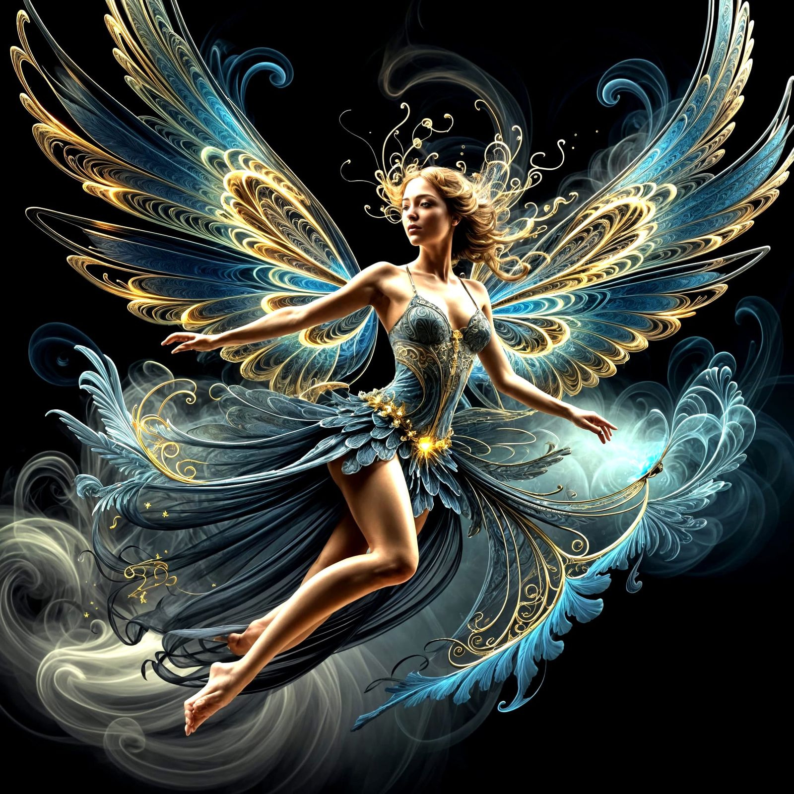 Winged Fairy in Flight with Swirling Smoke
