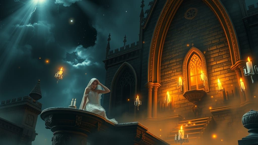Mystical Enchantress in Gothic Castle, Ethereal Ambiance