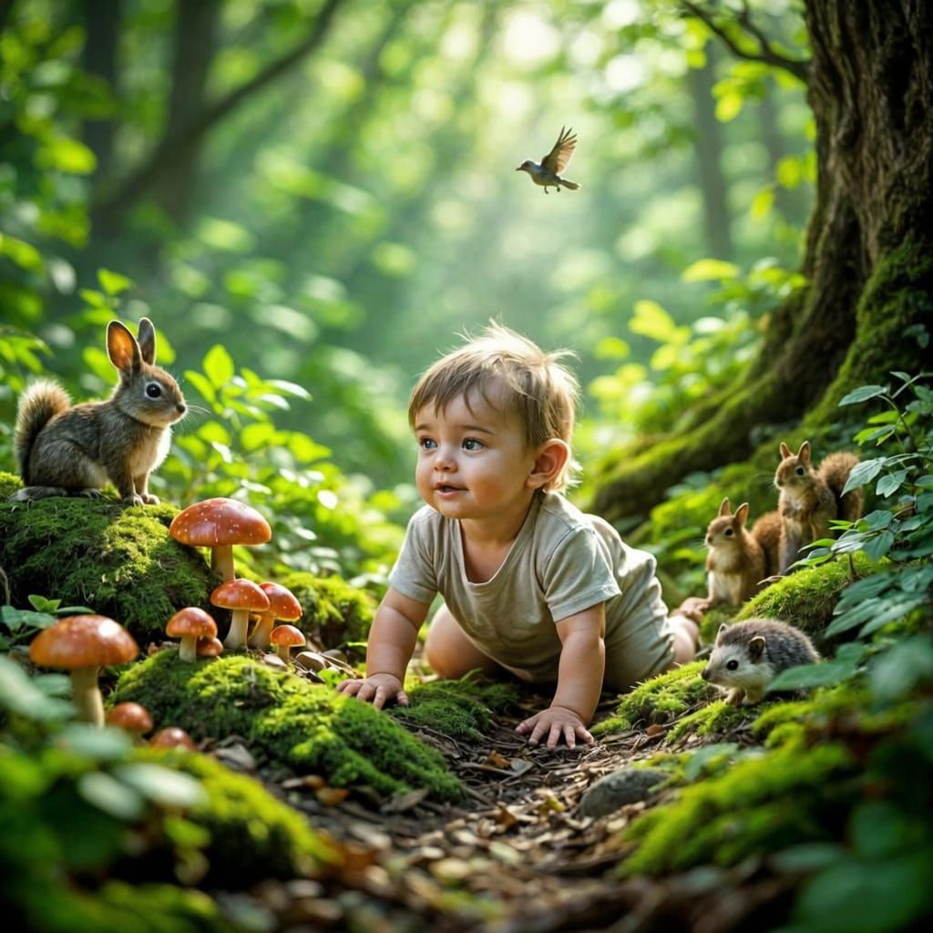 Enchanting Forest Scene: Baby Explorer and Woodland Creature...