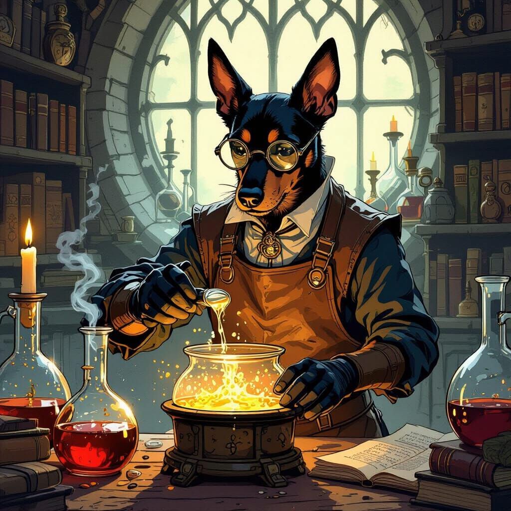 Alchemist German Pinscher in Steampunk Inspired Workshop