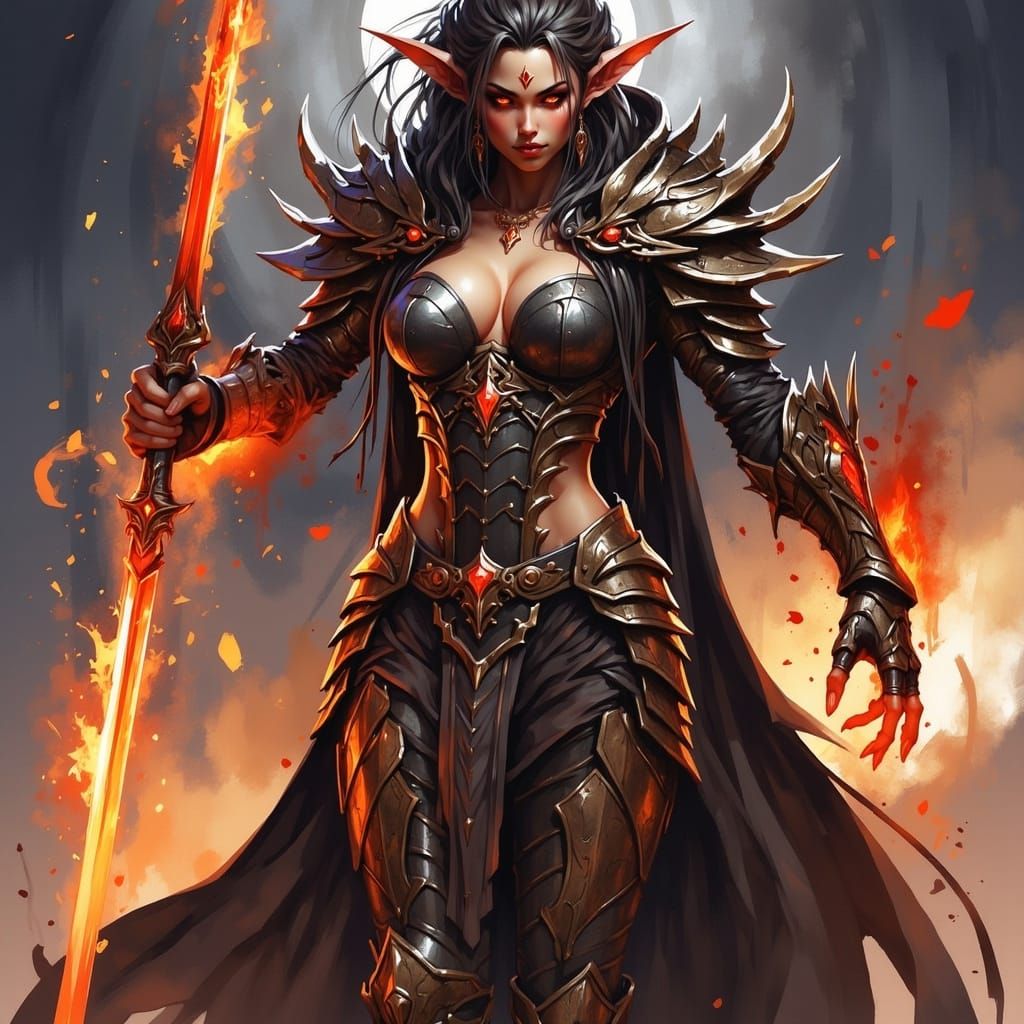 Female Warrior in Dragon Armor with Glowing Sword