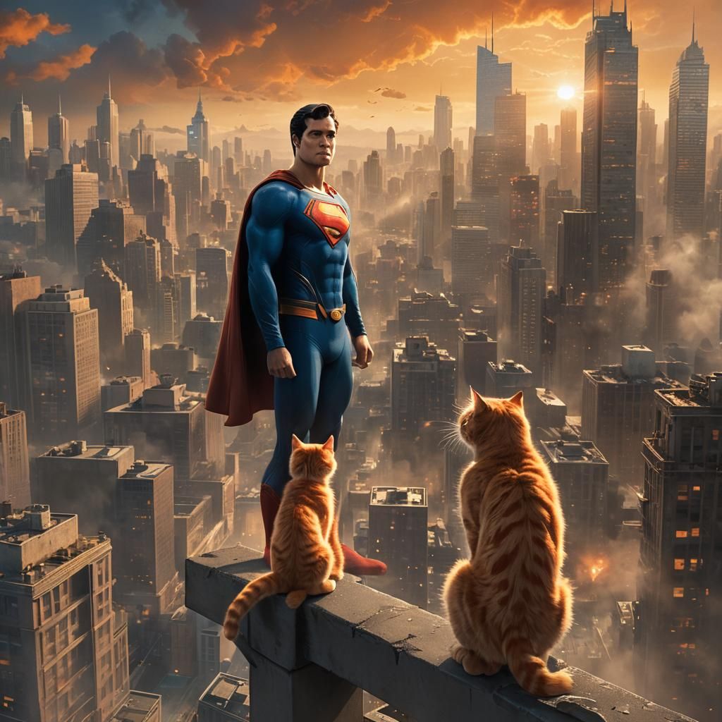 Superman with Orange Cat in Metropolis Sunset