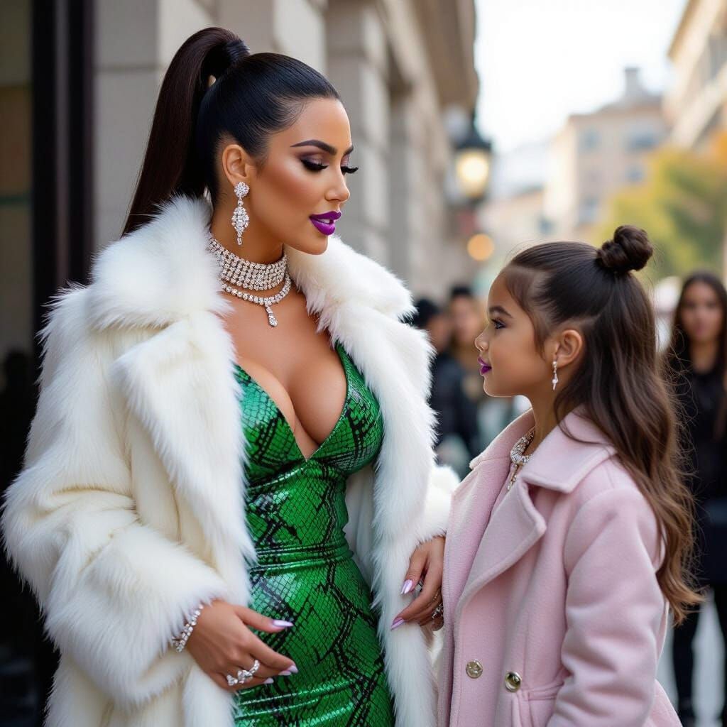 Glamorous Woman in Snakeskin Dress Talking to Lookalike