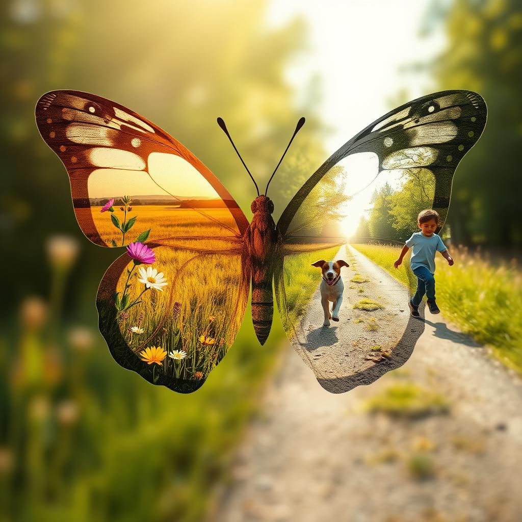 Butterfly Double Exposure with Flowers, Boy and Dog