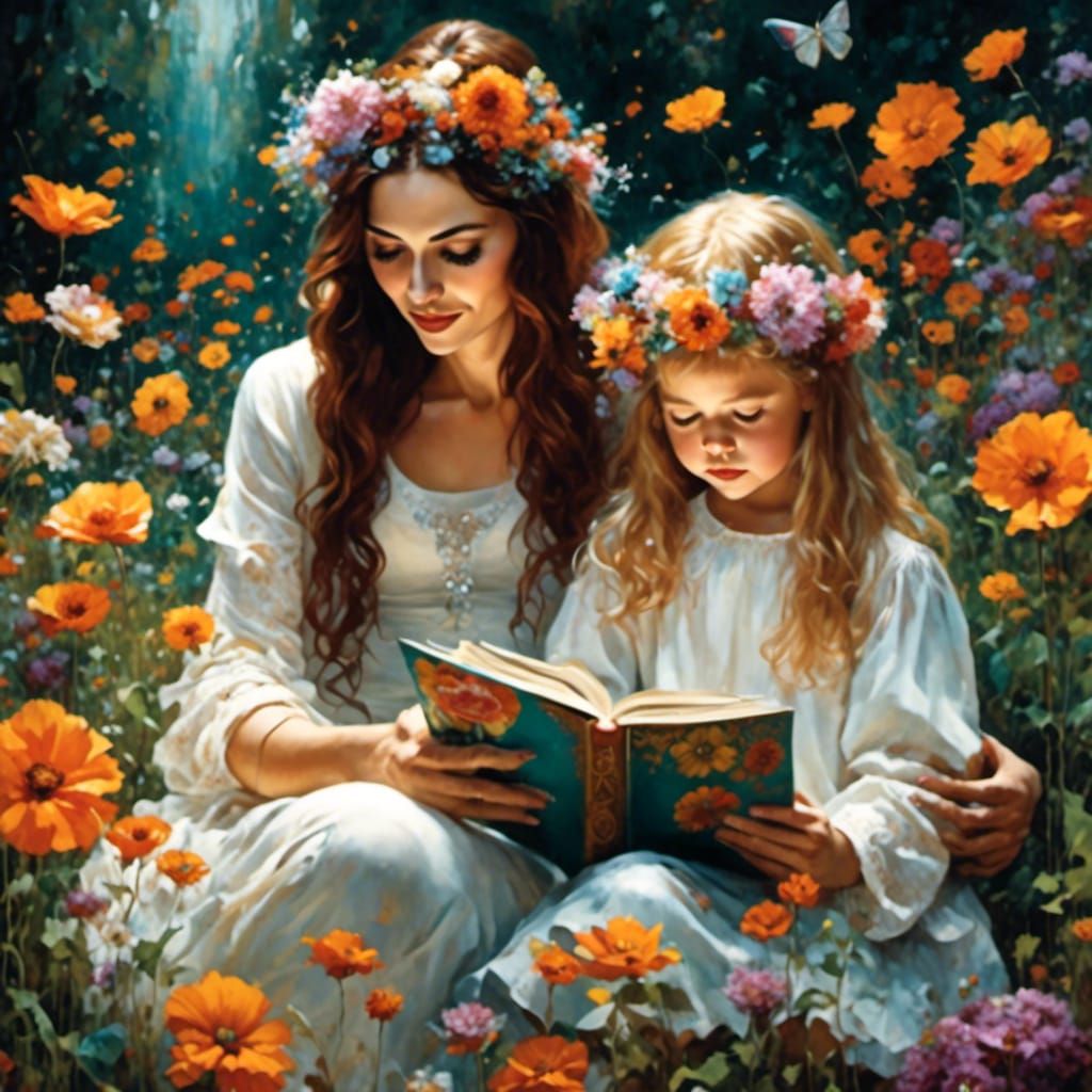Mother and Daughter Reading in Secret Garden