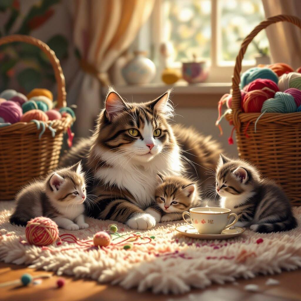 Cozy Cat and Kittens on Rug in Warm, Detailed Matte Painting