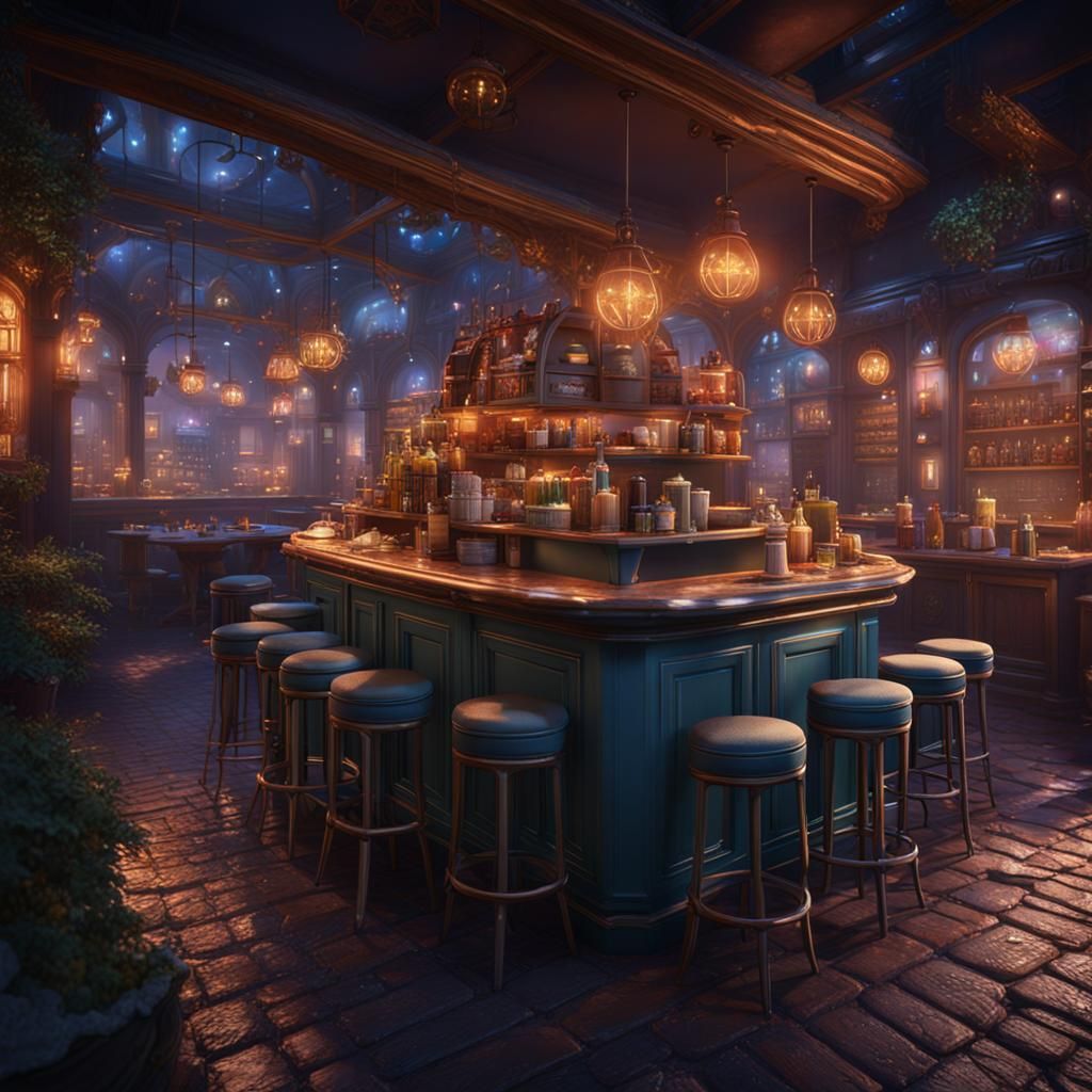Detailed Matte Painting of a Night Cafe