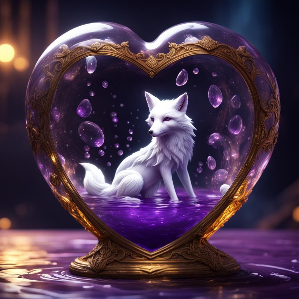 Heart Glass with White Foxes in Dark Fantasy Style