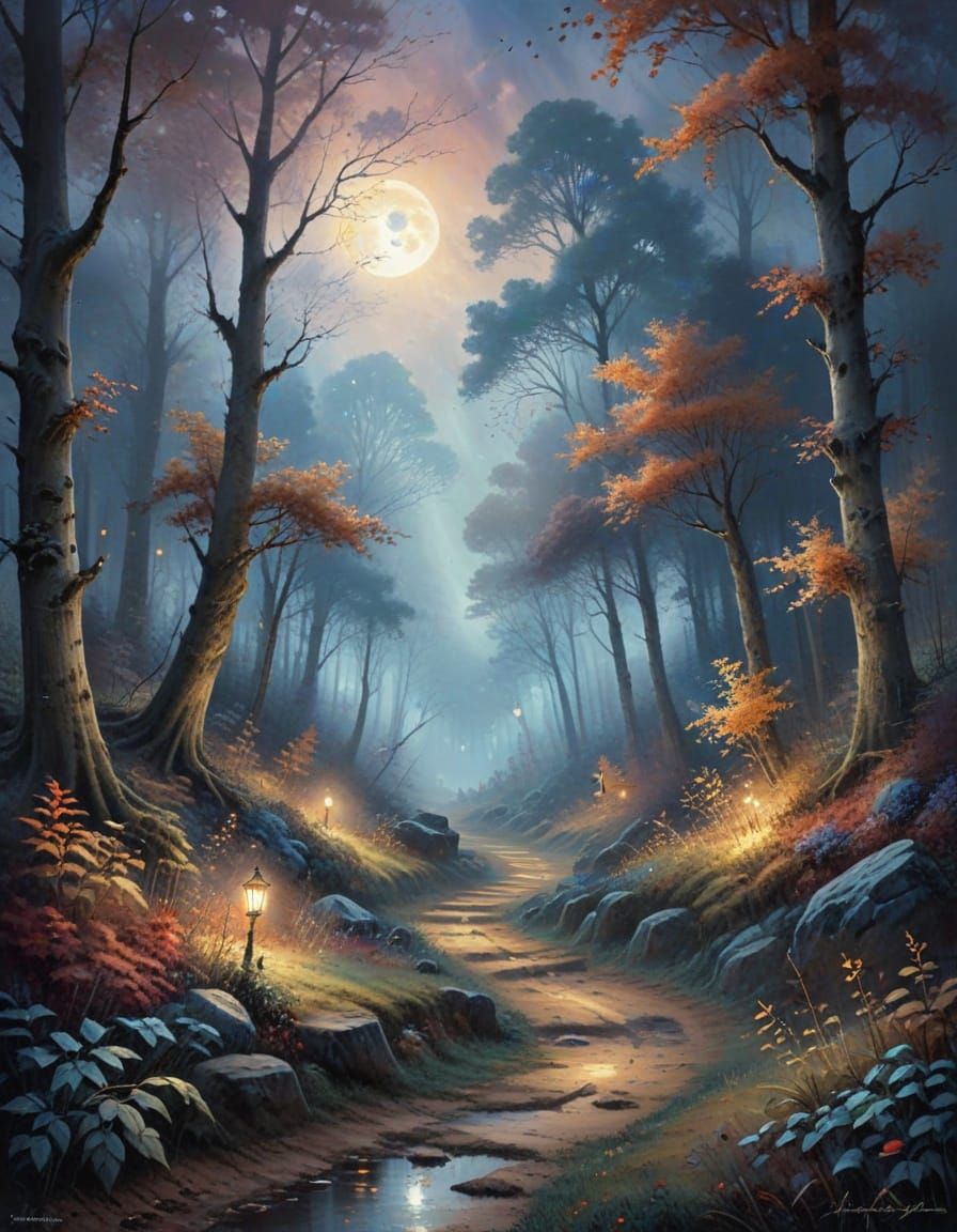 Ethereal Autumn Moonlit Forest Path Painting