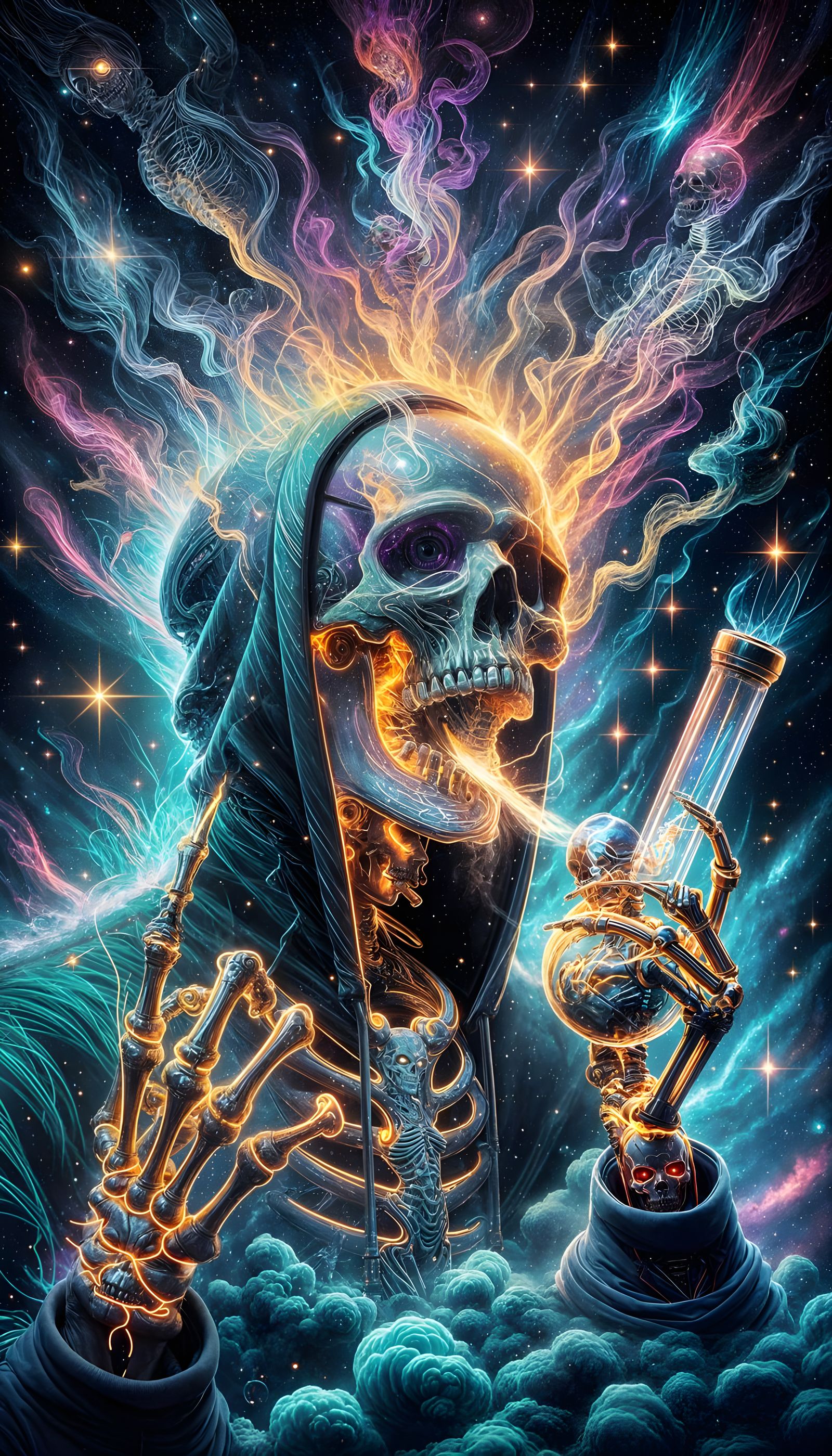 A cyberpunk-inspired image where an anatomical skeleton wearing a neon-glowing hoodie stands against the backdrop of a n...