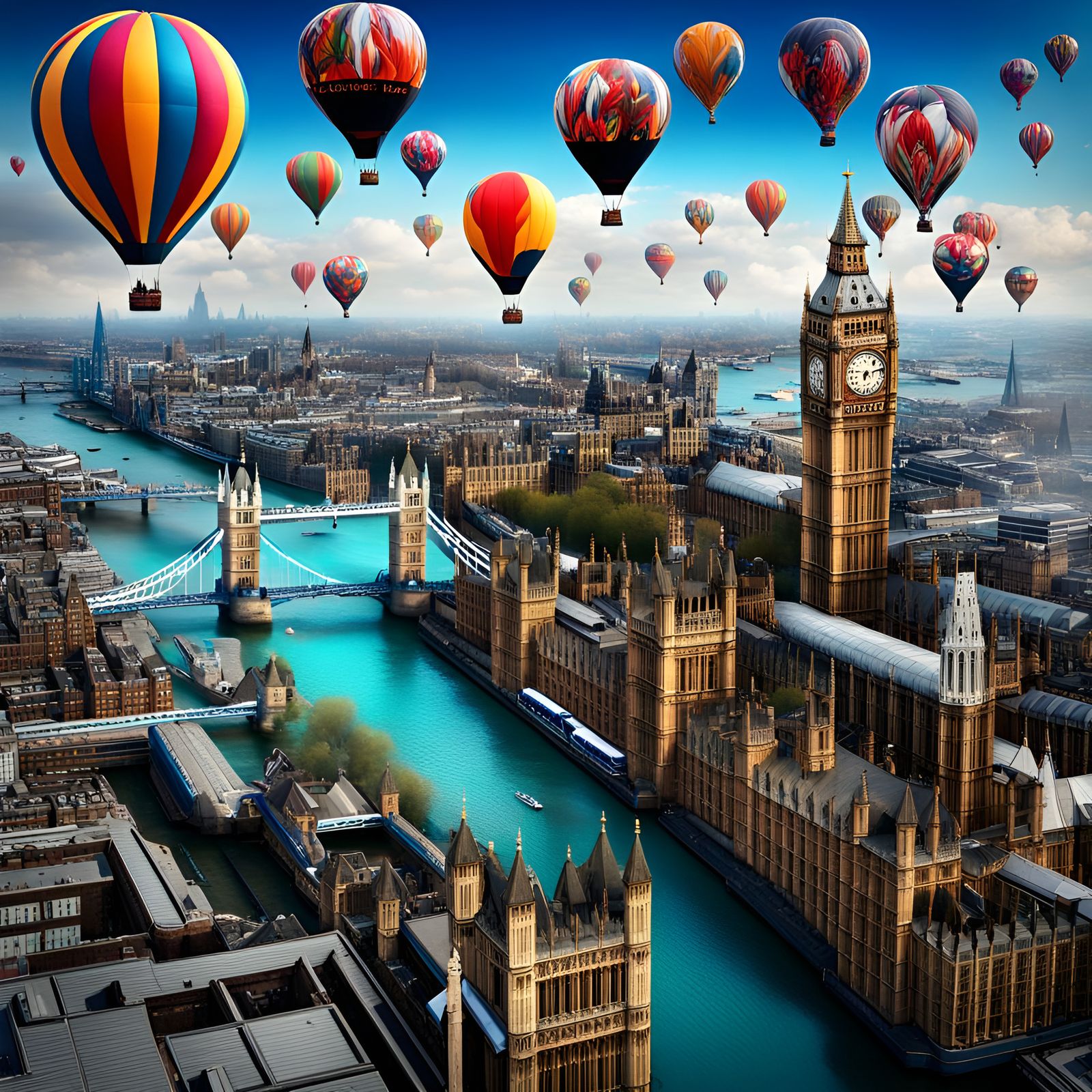 London Skyline with Colorful Hot Air Balloons