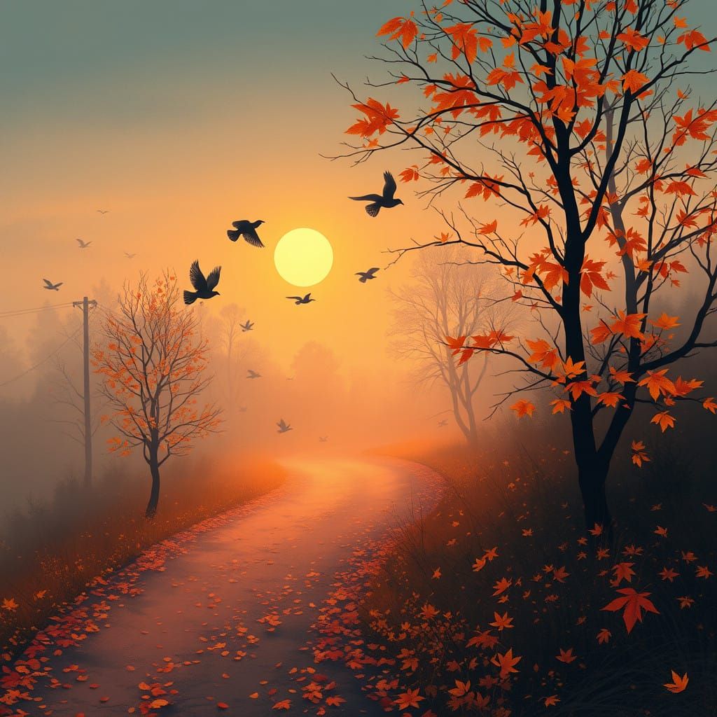 Golden Autumn Glow on a Misty Winding Path