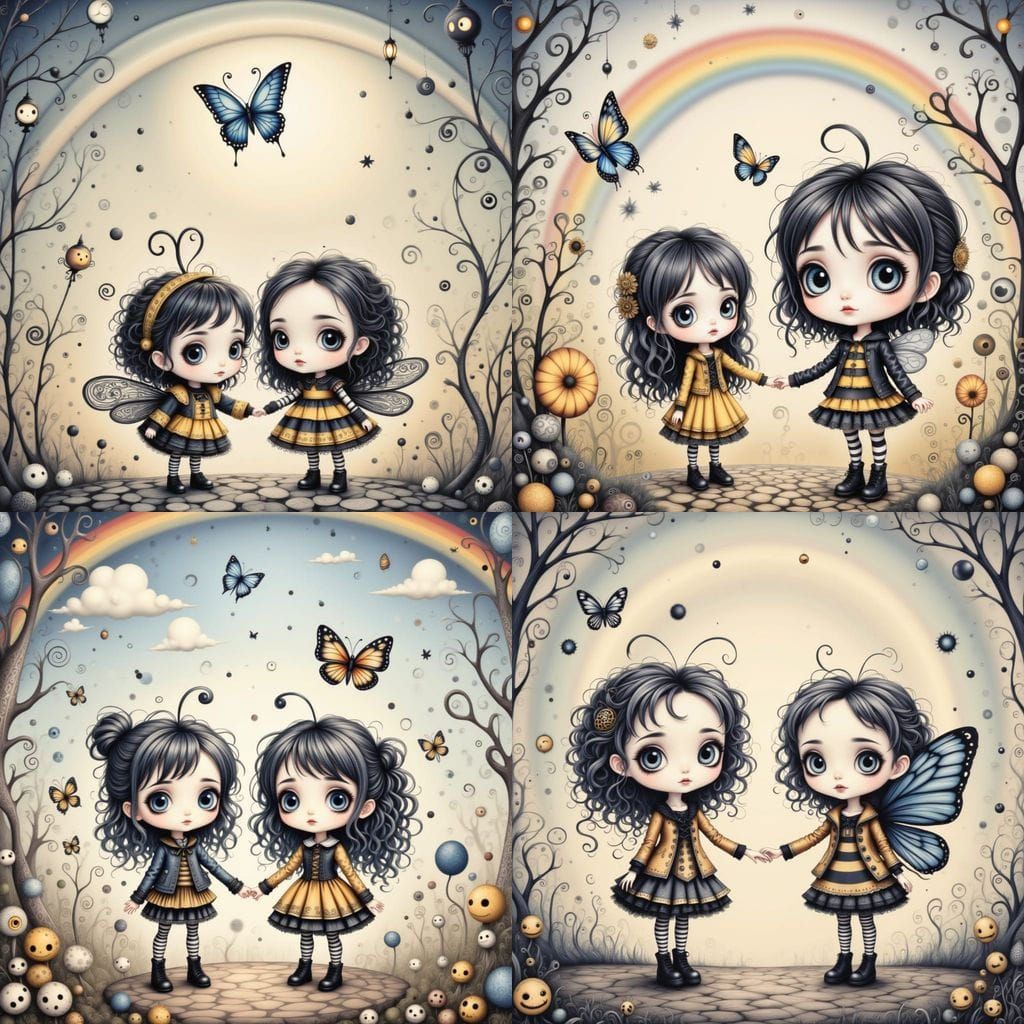 Charming Chibi Bee and Butterfly Under Rainbow