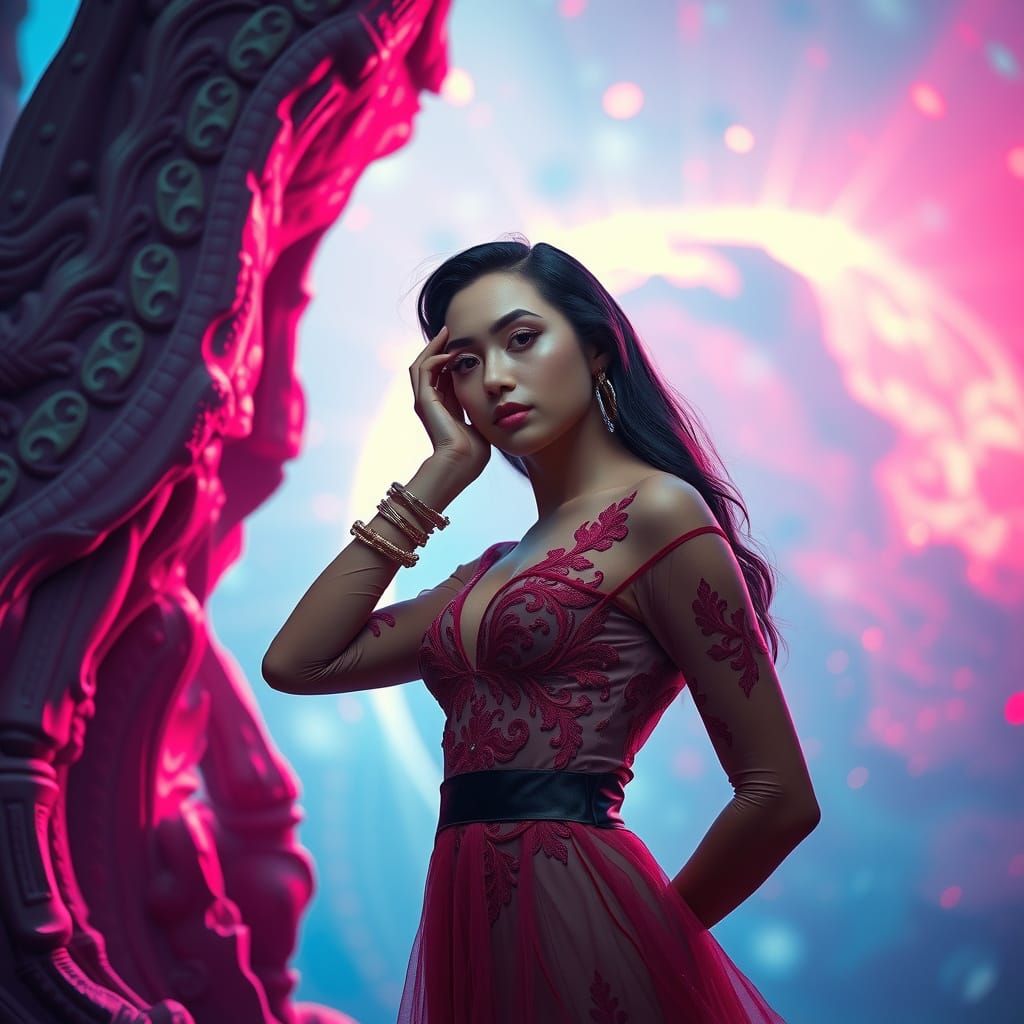 Elegant Woman in Dreamlike Cyberpunk Landscape