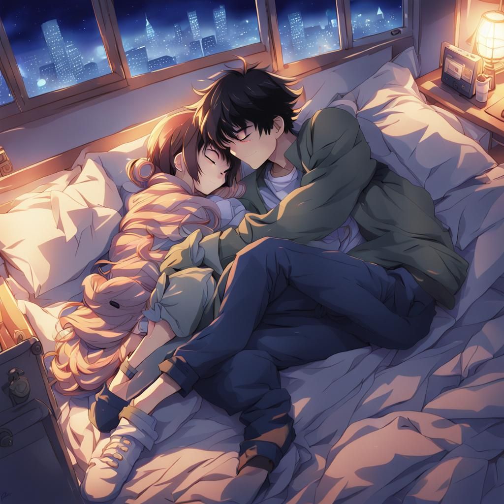 Boy Cuddles Girlfriend in Anime Style Bedroom