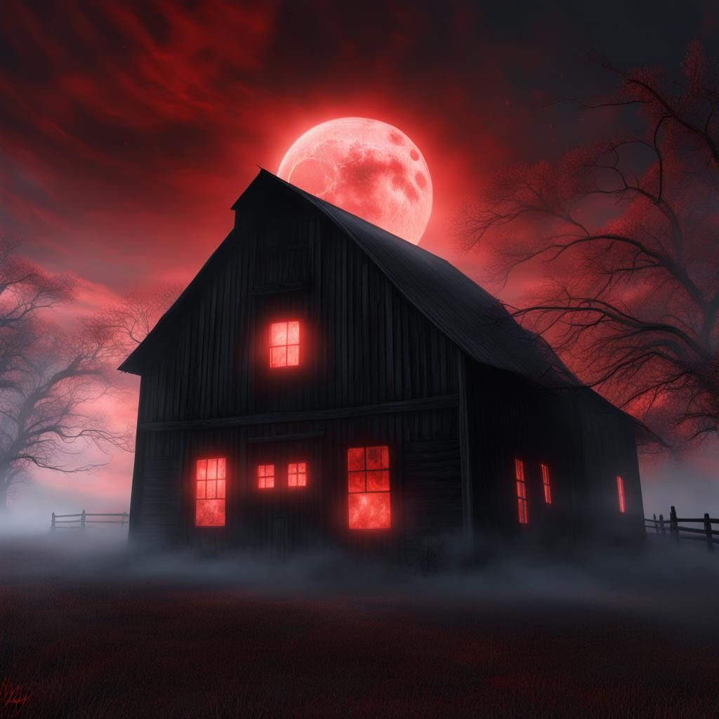 Haunted Farm with Red Moon and Shadow Ghosts