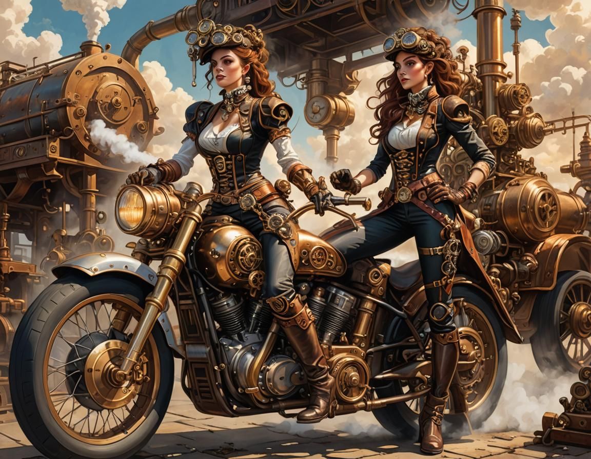Steampunk Harlequin and Motorcycle Repair
