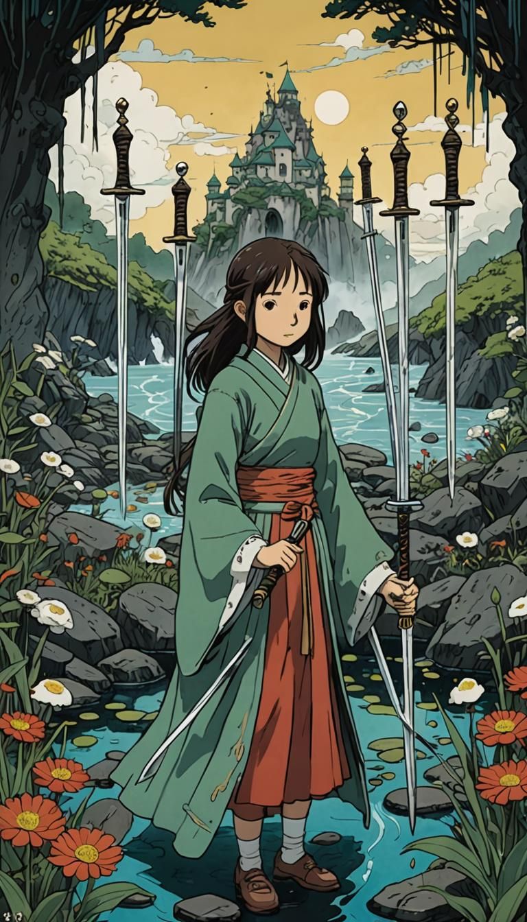 Eight of Swords Tarot in Studio Ghibli Style