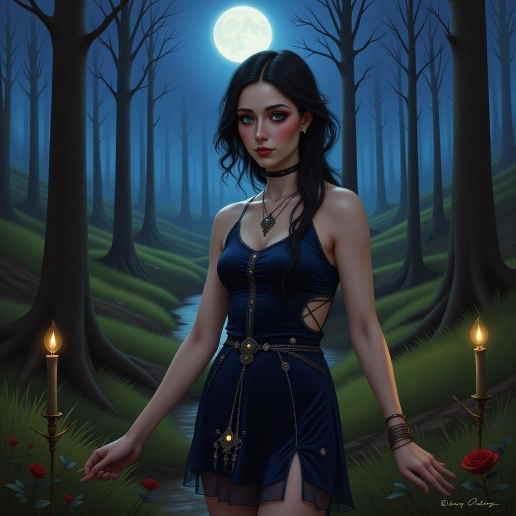 Y2K Whimsigoth Woman in Velvet Dress with Star Embroidery