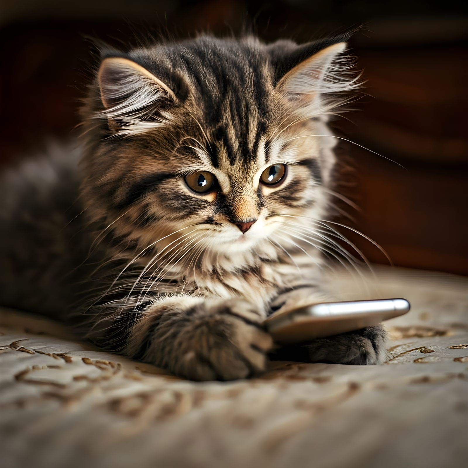 Hyper-Realistic Kitten Gazing at Smartphone