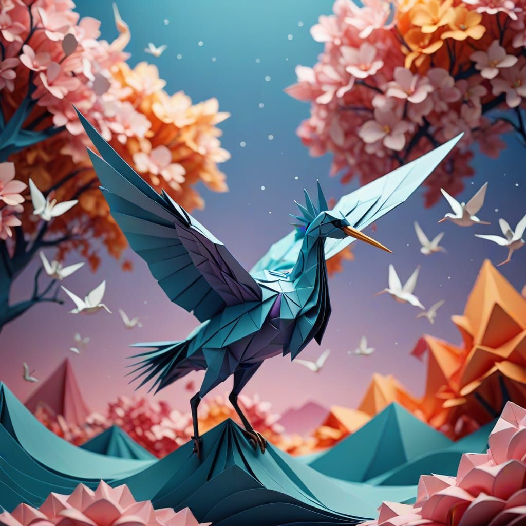 Iridescent Origami Crane Soaring Through Dreamlike Sky