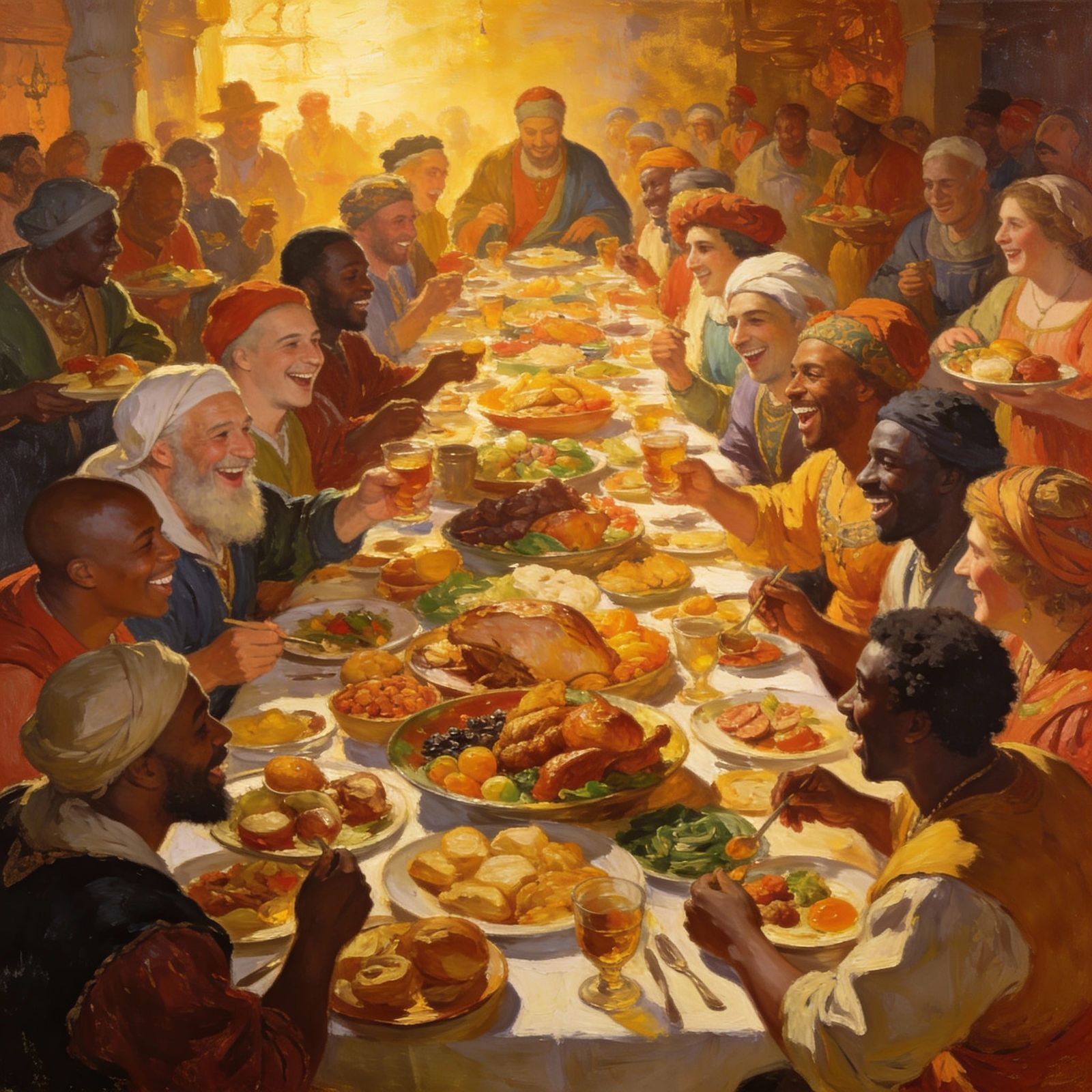 Diverse Group Celebrates Abundant Feast in Oil Painting Styl...