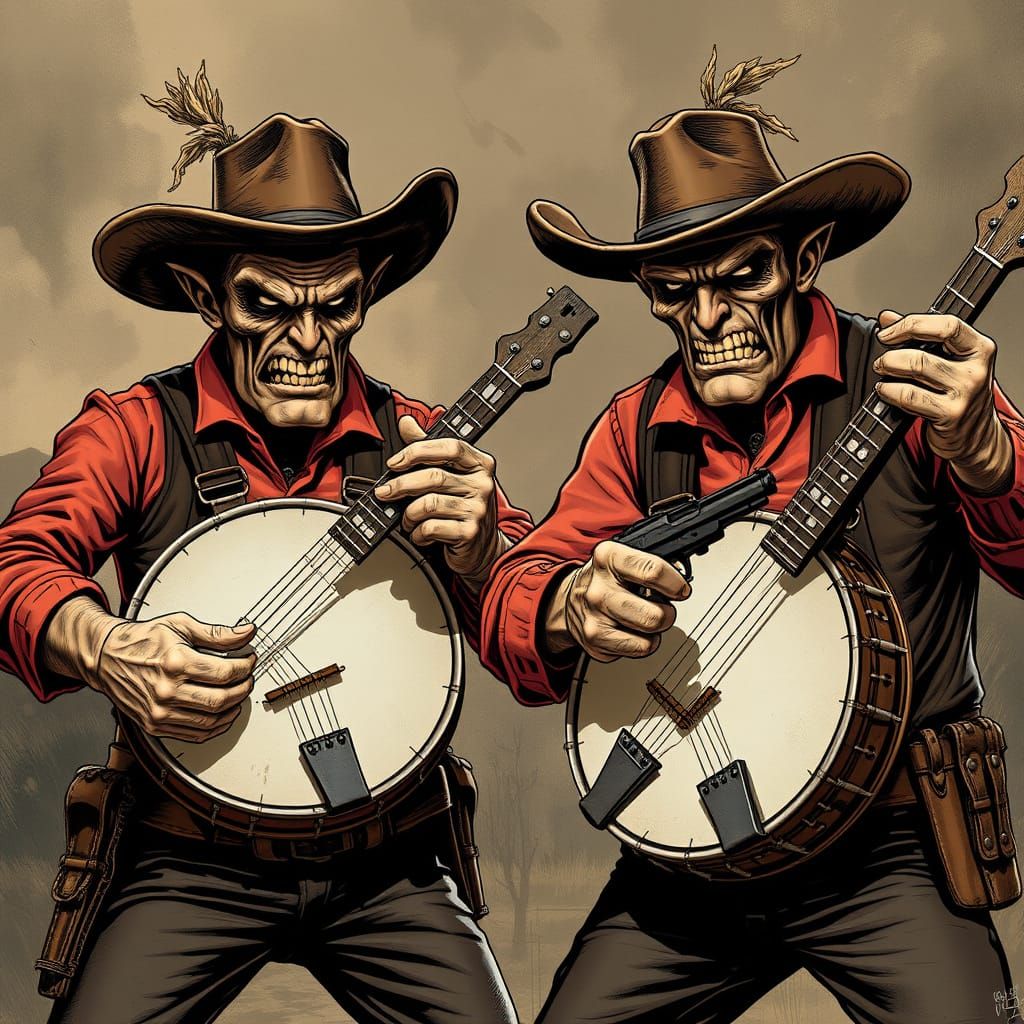 Banjos in Wild West Showdown, Gritty Comic Style
