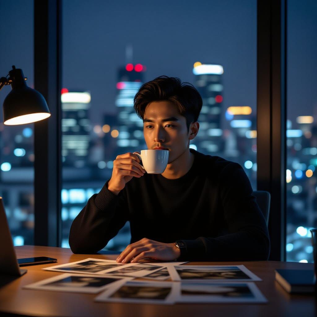Man Sips Tea in Urban Apartment With City Lights