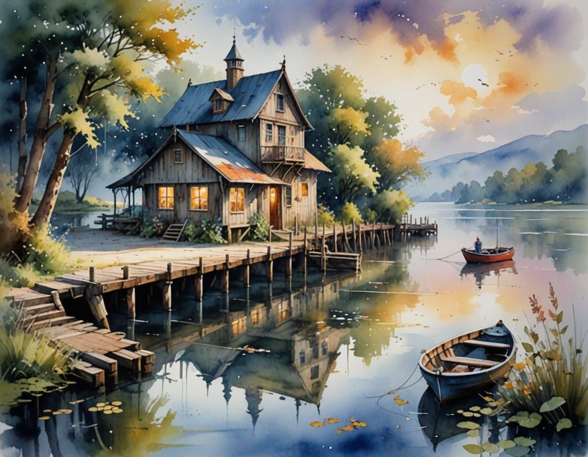 Fairytale Lake Scene with Pier in Watercolor Style