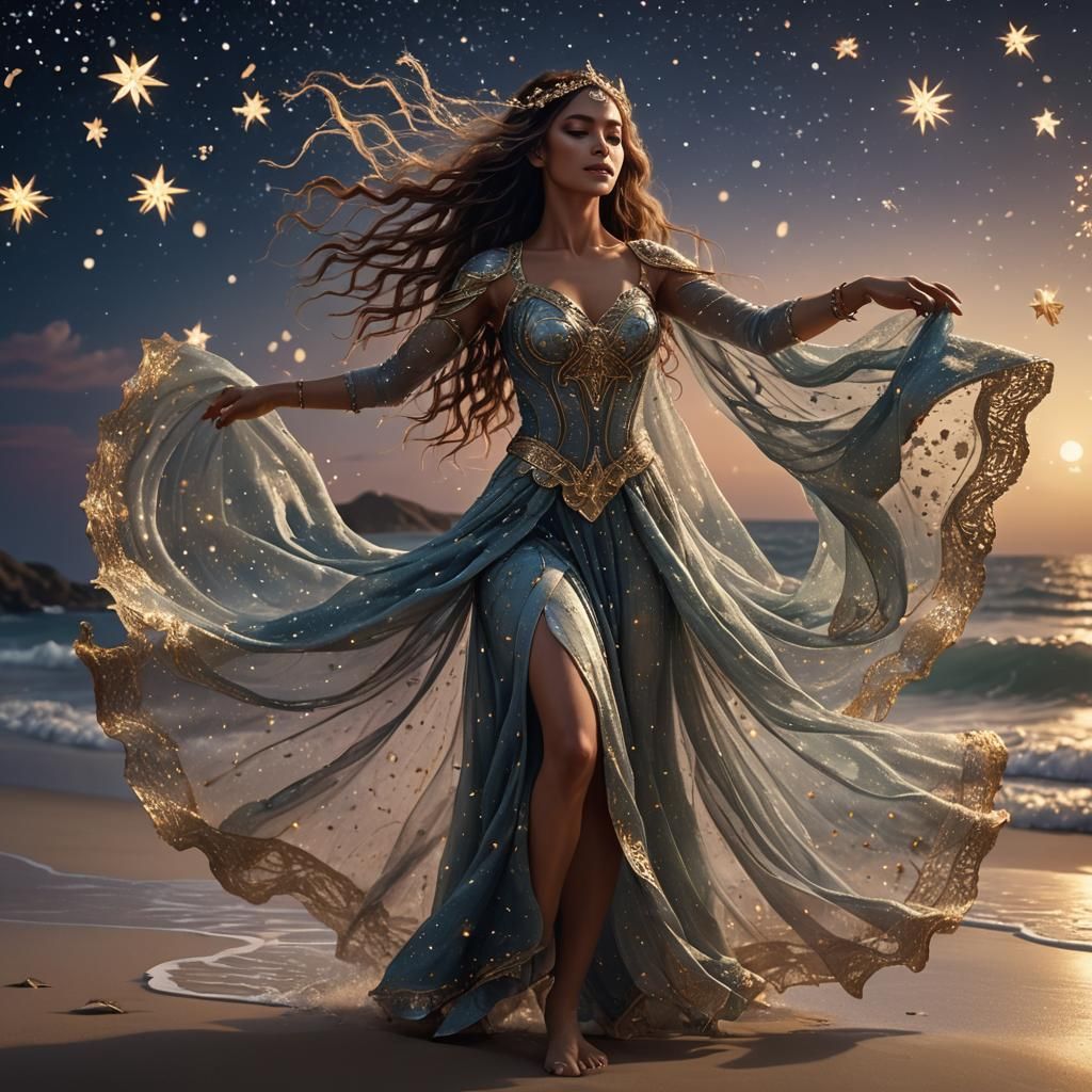 Starry Veiled Dancer on Moonlit Beach