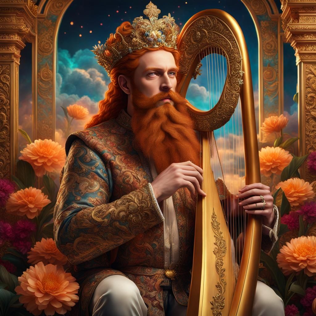 Hyperreal King David Playing Harp with Crystals