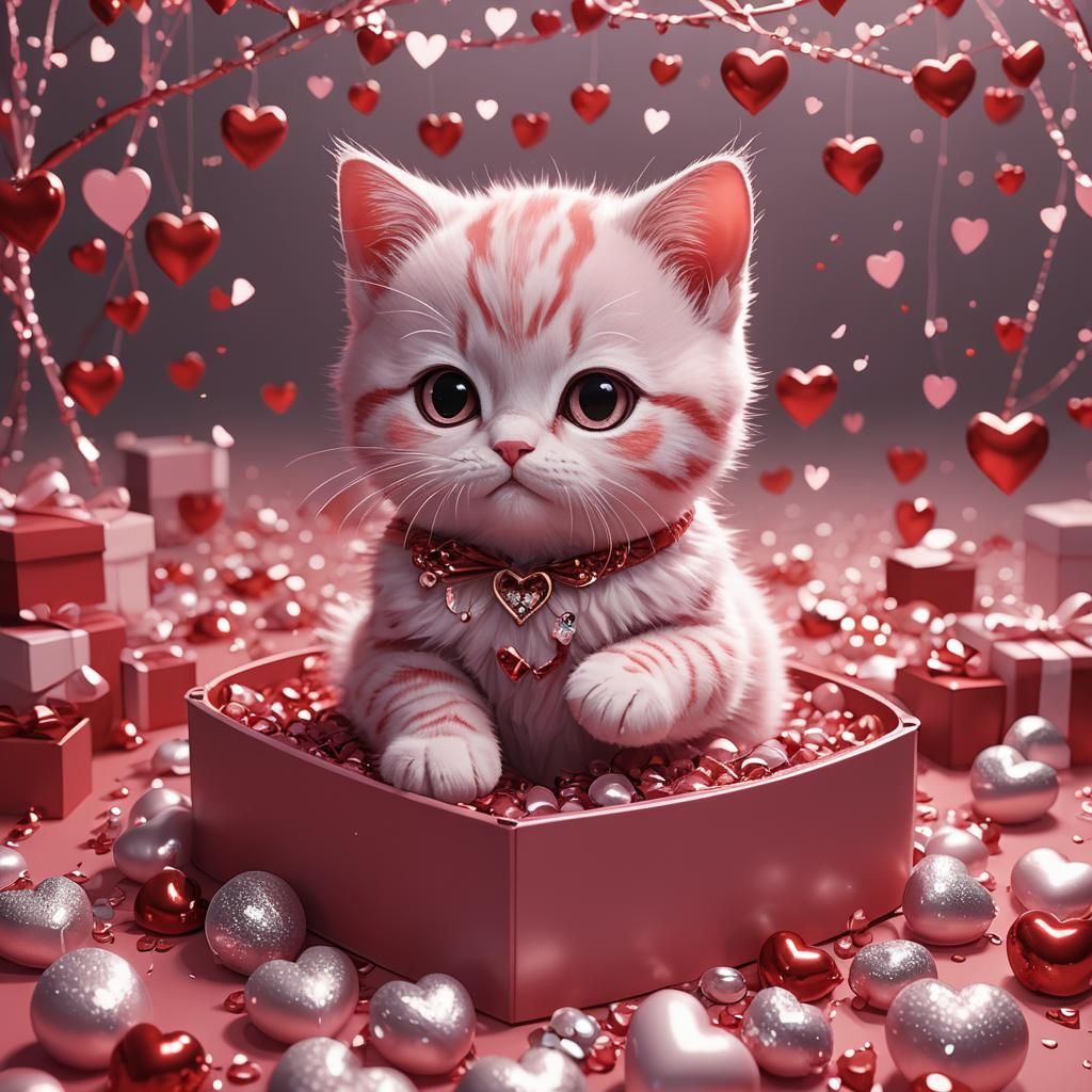 Cute Pink Cat in Heart Box, 3D Anime Art