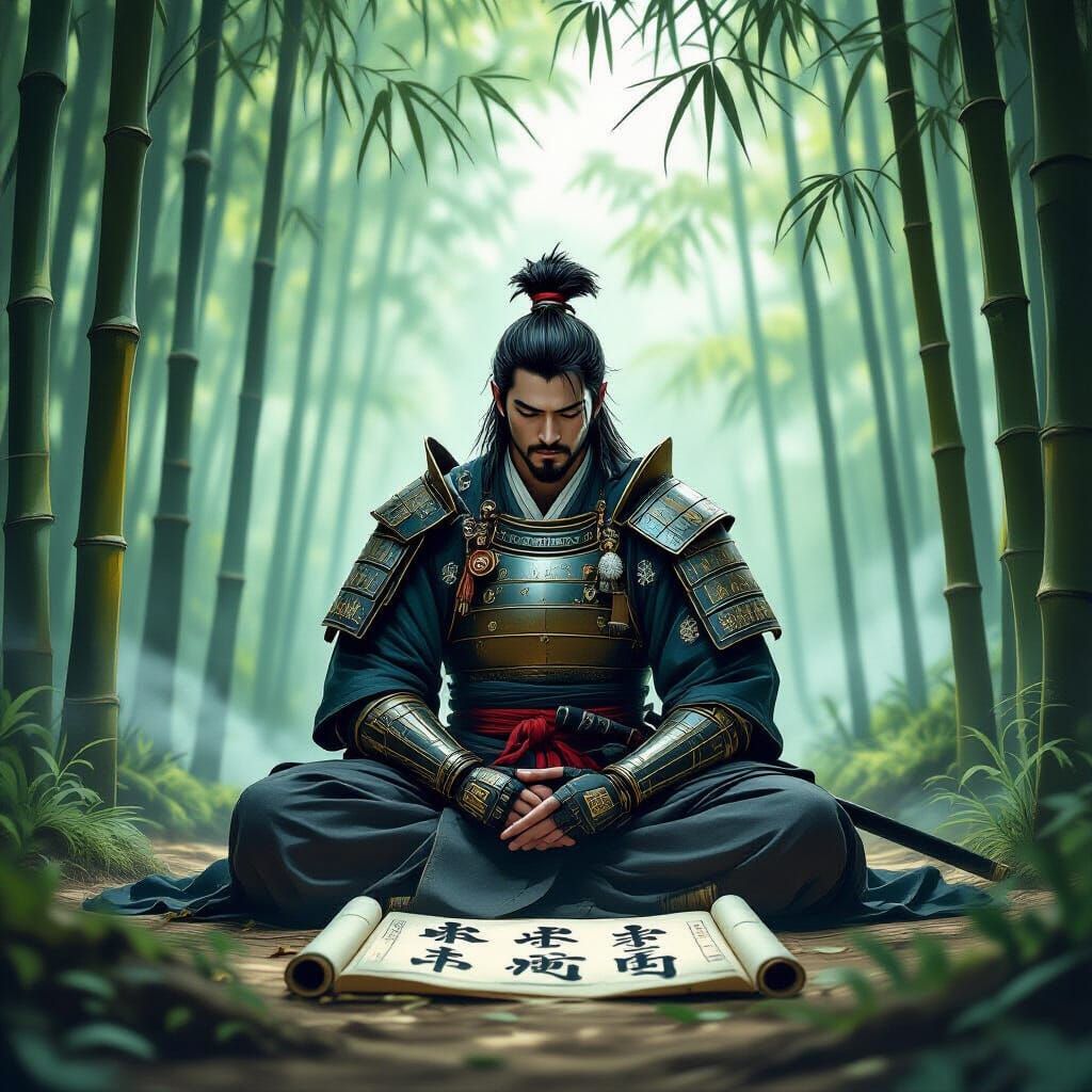 Meditating Samurai in Bamboo Forest