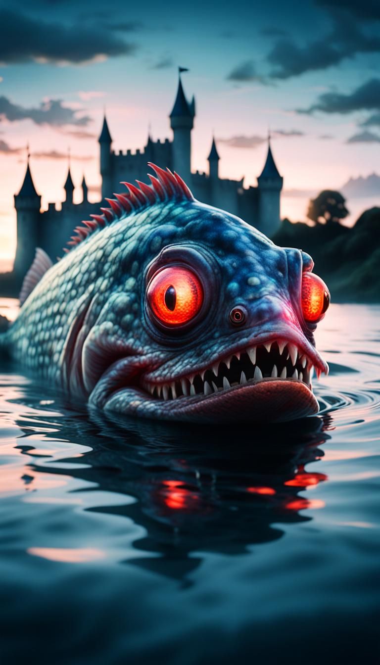 Luminescent Fish Swim Toward a Surreal Monster