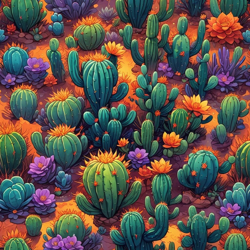 Surreal Cactus with Mangoes and Clovers in Fantasy Art