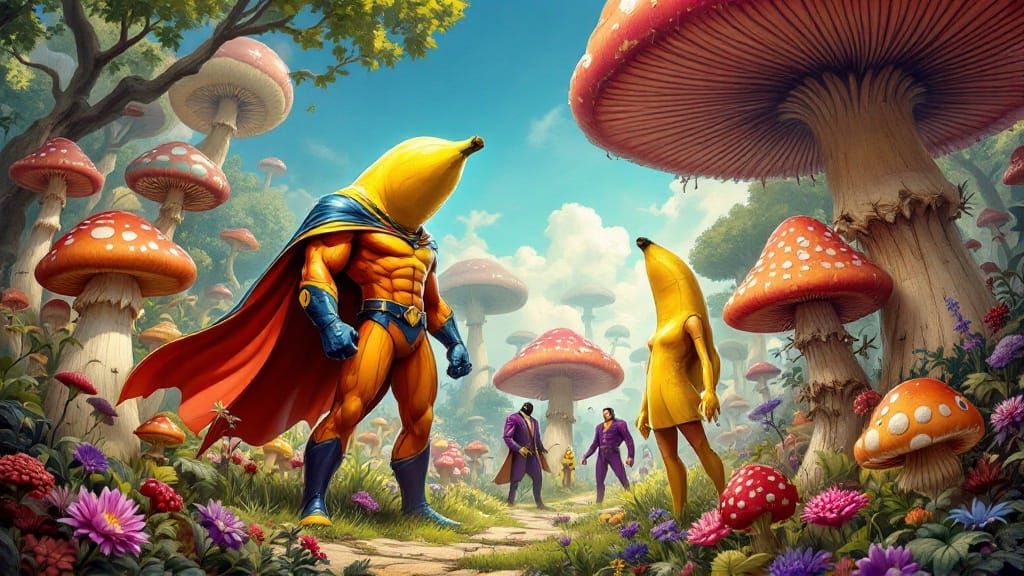 Vibrant Mushroom Garden Heroes in Fantasy Style