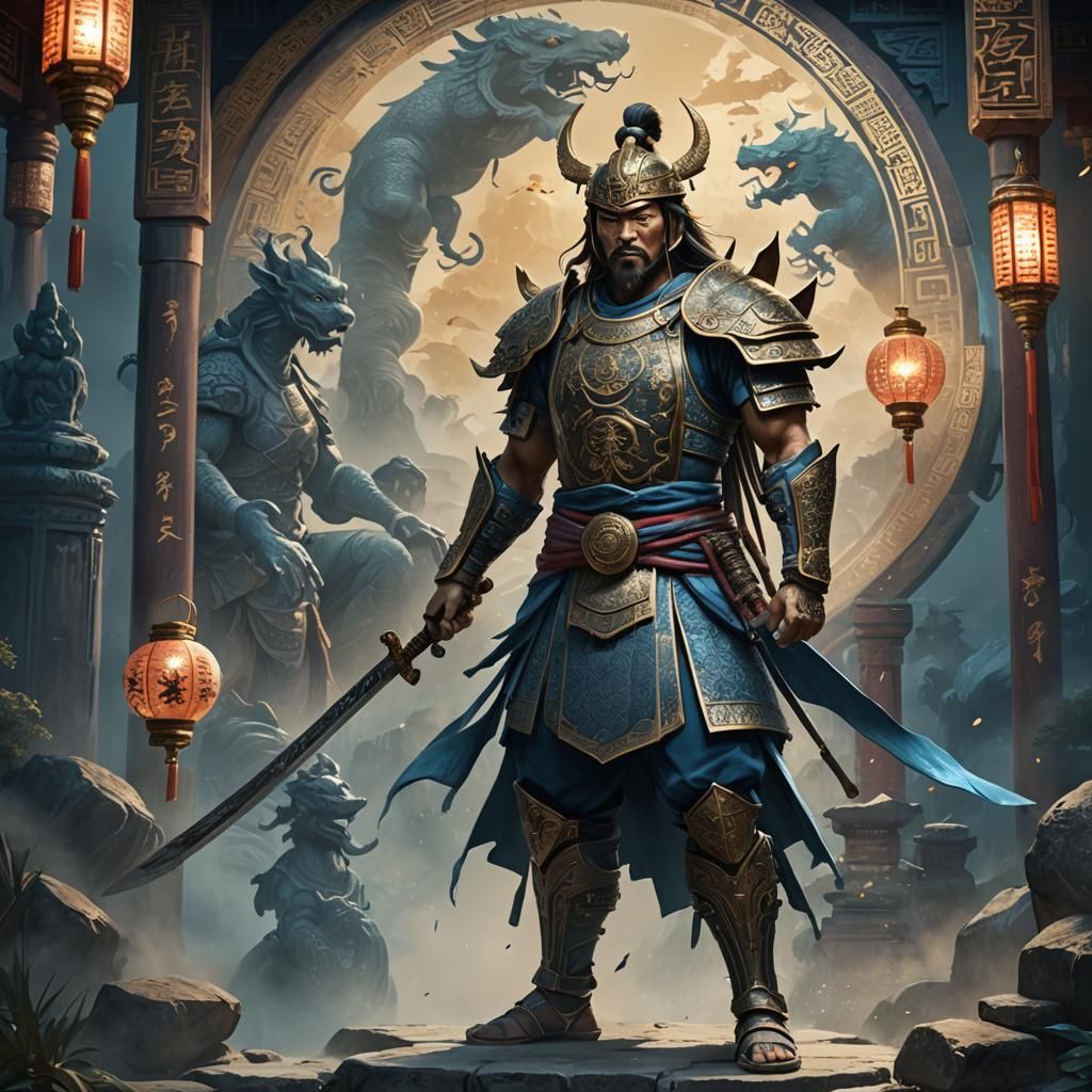 Ancient Warrior in Oriental Ink Wash Painting Style