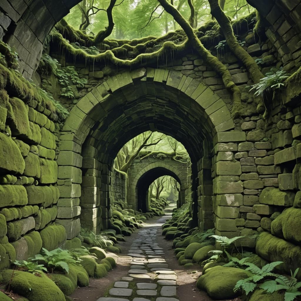 Verdant Forest Path Through Stone Tunnel