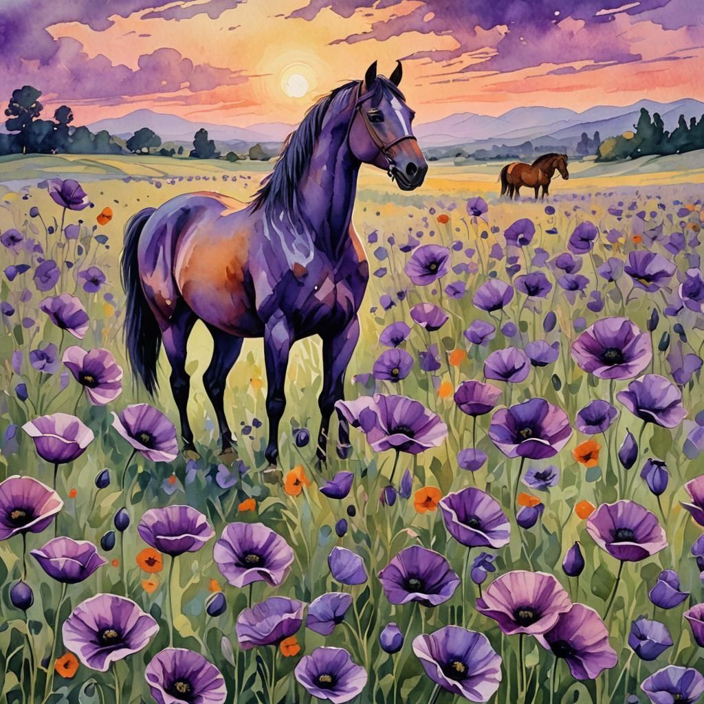 War Horse in Poppy Field: Gouache Watercolor Painting