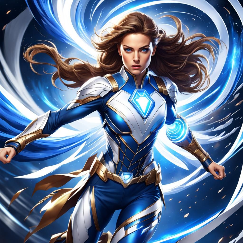 Female Superhero in Silver Armor with Energy Background