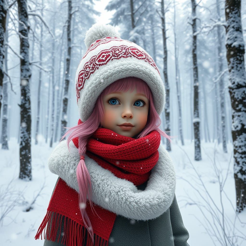 Siberian Forest Goddess in Pink Hair and Scarlet Scarf