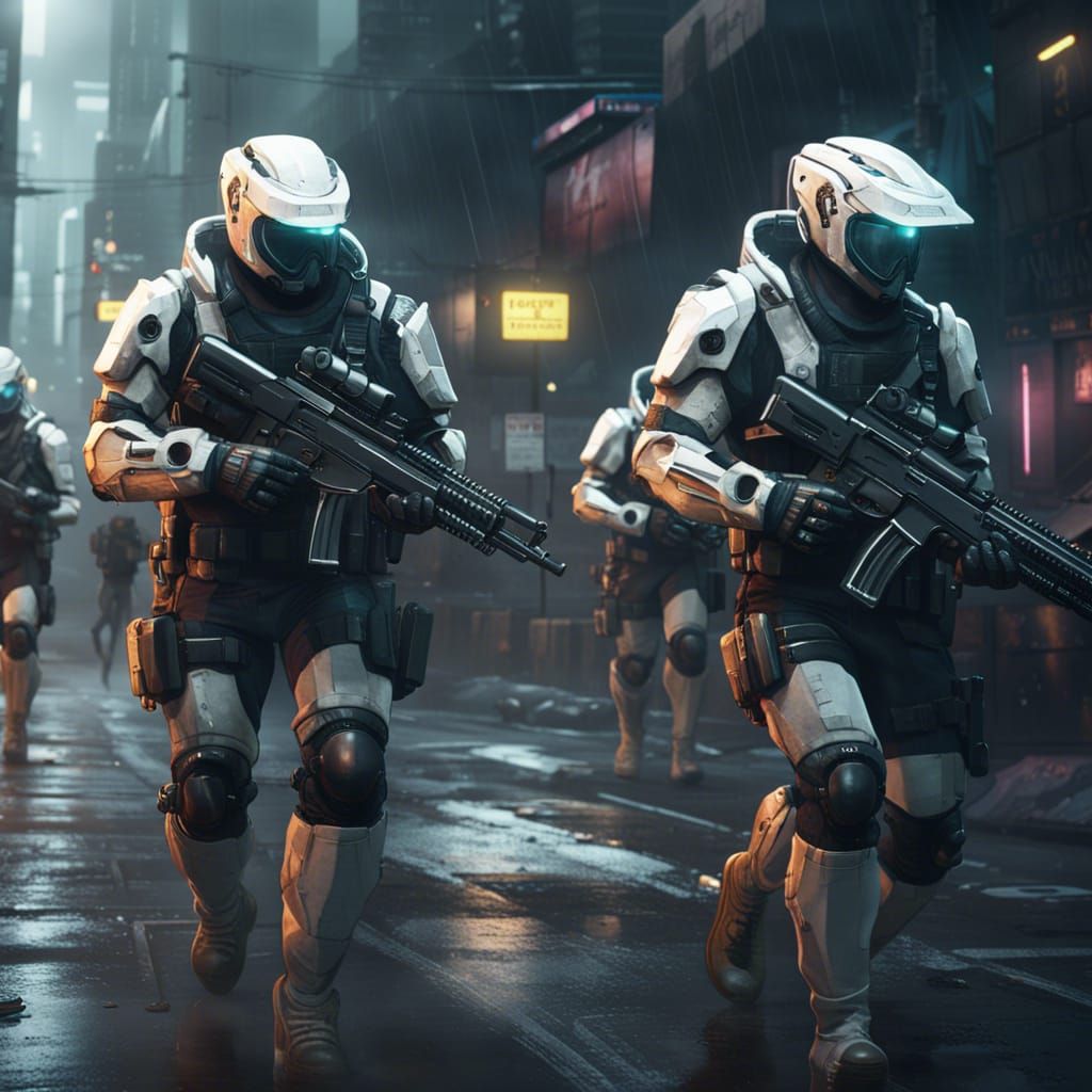 Cyberpunk Soldiers Running, Hyperdetailed Dark Fantasy Conce...