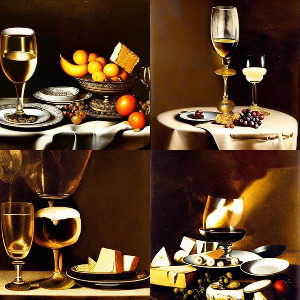 Baroque Still Life with Wine, Grapes and Cheese