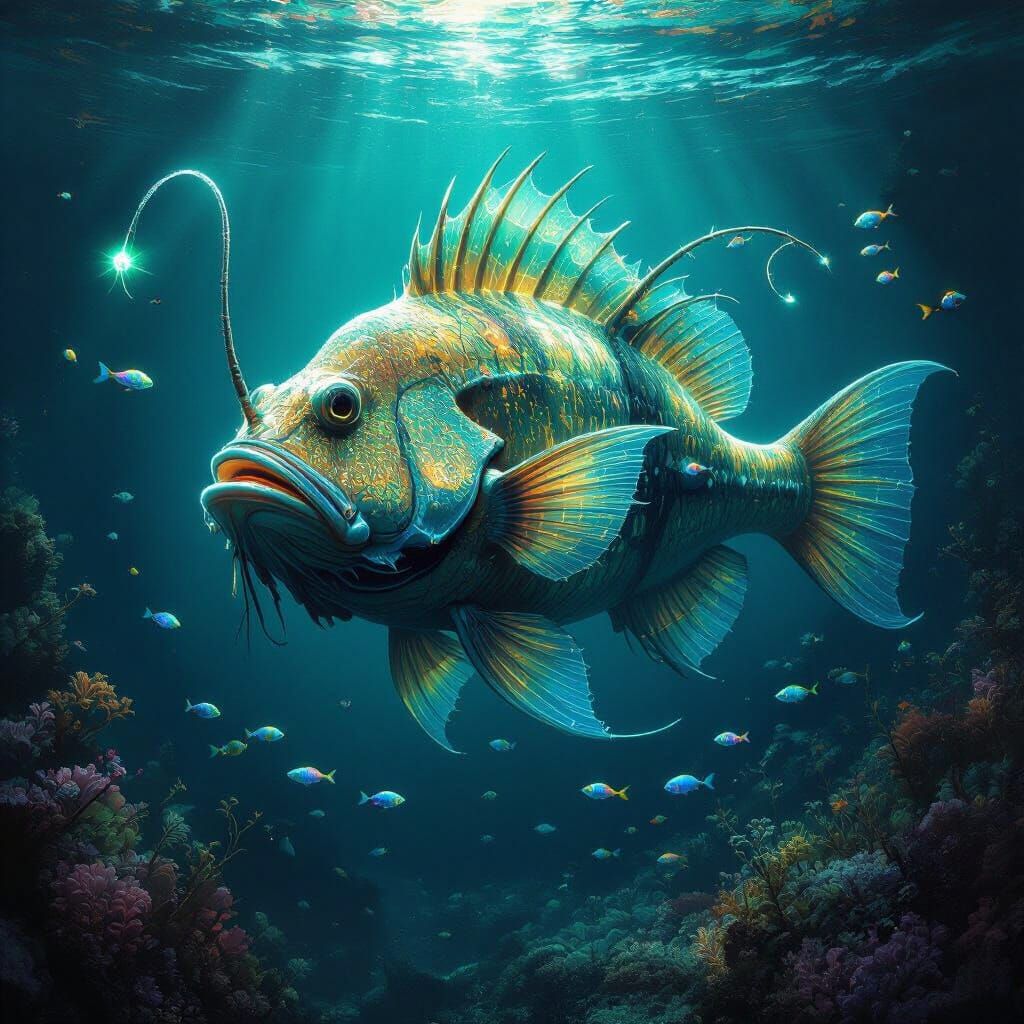 Bioluminescent Anglerfish in Alien Abyss: Splash Art