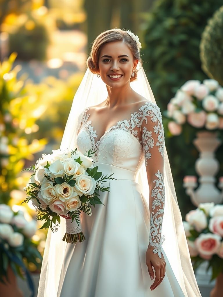 Joyful Bride in Sunlit Garden: Photorealistic Wedding Portra...