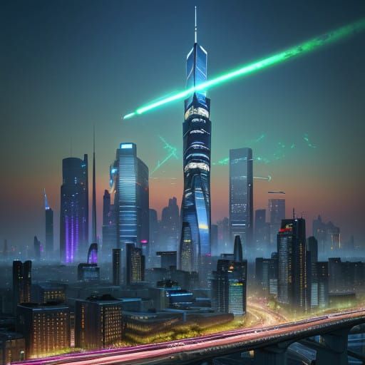 Futuristic Cityscape at Dusk with Kinetic Energy